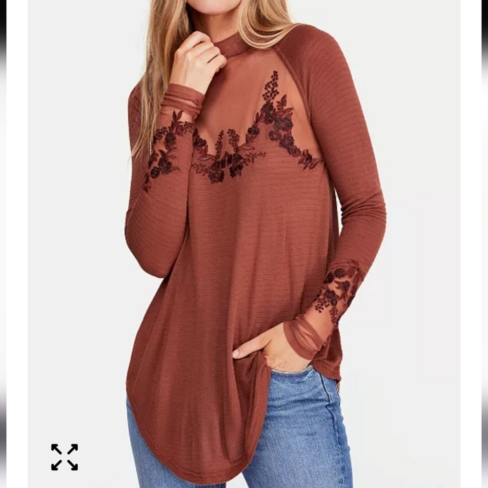 Free People Saheli Embroidered Mesh Top Womens M Boho Mock Neck Rust Brown Sheer